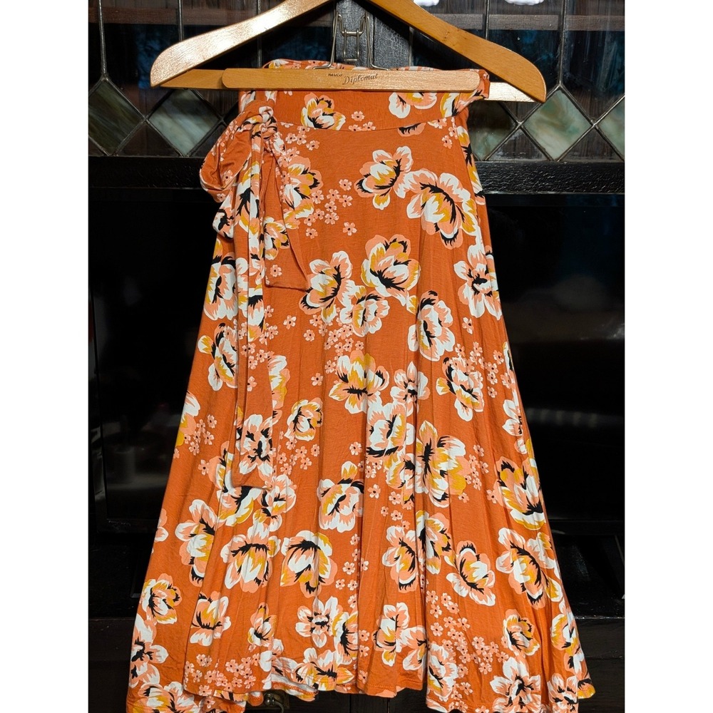 Rachel Pally Orange Floral Modal Spandex Wrap Midi Skirt Small